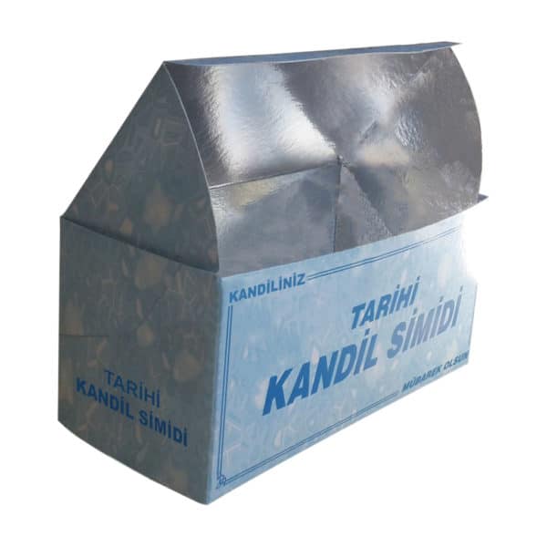 Kandil simidi kutusu 17x8x8 cm ebatta, 250 adetli pakette, ürünün içi metalize kaplama ve gıdayla temasa uygun kartondan üretilmiştir.